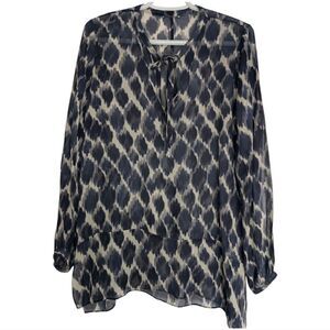 Club Monaco Women's Navy Blue Sheer 100% Silk Abstract Tie Neck Tunic Blouse